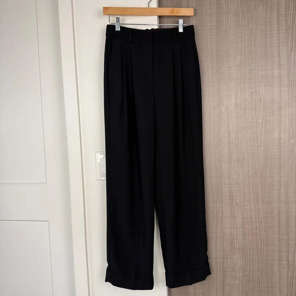 J. Crew Black Essential Wide Leg Pants‎ City Crepe Trouser Cuffed Relaxed Size 0